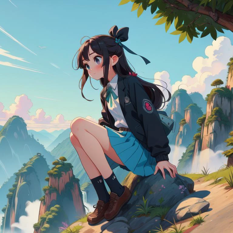 (masterpiece, best quality, detailed:1.5), 1girl, solo, cyan theme, <lora:Black_White_School_Dress_By_Stable_Yogi:0.8> school uniform, black jacket, long sleeves, collared shirt, white shirt, neck ribbon, grey skirt, black socks, footwear, <lora:girllikeclimbmountain:0.8> climb mountain, hairpin, necklace, tree, cliff, hillside