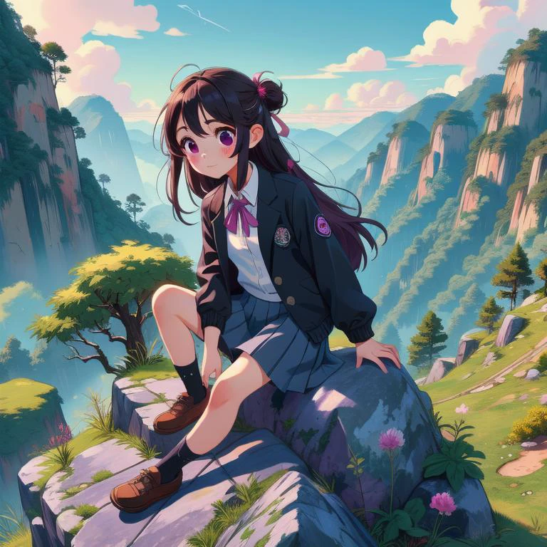 (masterpiece, best quality, detailed:1.5), 1girl, solo, magenta theme, <lora:Black_White_School_Dress_By_Stable_Yogi:0.8> school uniform, black jacket, long sleeves, collared shirt, white shirt, neck ribbon, grey skirt, black socks, footwear, <lora:girllikeclimbmountain:0.8> climb mountain, hairpin, necklace, tree, cliff, hillside