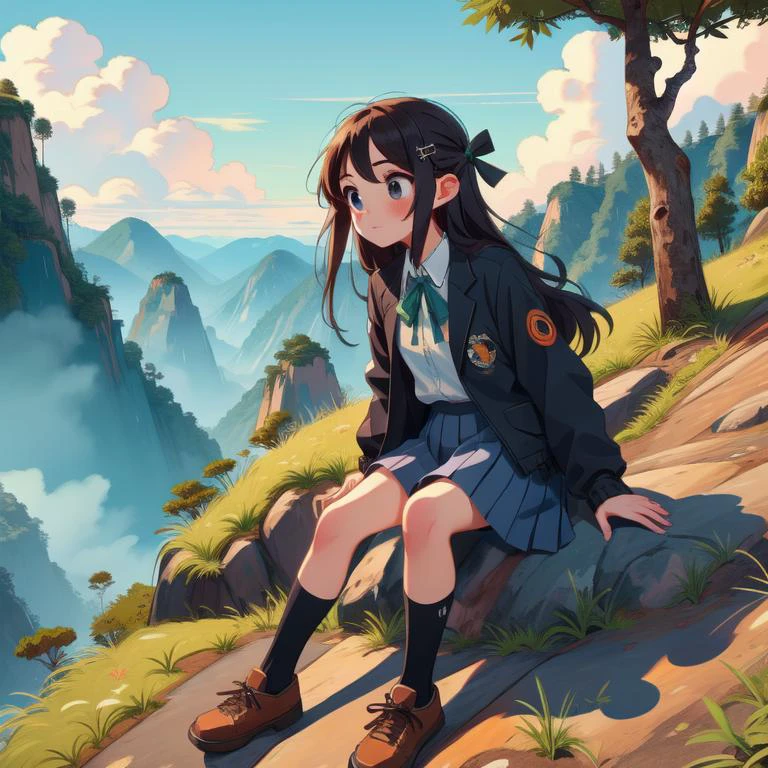 (masterpiece, best quality, detailed:1.5), 1girl, solo, orange theme, <lora:Black_White_School_Dress_By_Stable_Yogi:0.8> school uniform, black jacket, long sleeves, collared shirt, white shirt, neck ribbon, grey skirt, black socks, footwear, <lora:girllikeclimbmountain:0.8> climb mountain, hairpin, necklace, tree, cliff, hillside