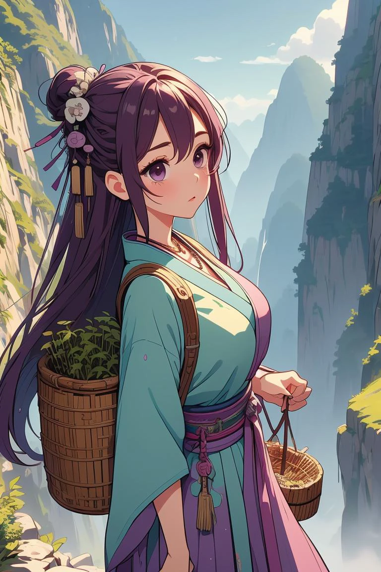 (masterpiece, best quality), 1girl, Grape Double Dutch Braids with Colored Extensions, big breasts, <lora:girllikeclimbmountain:1> climb mountain, herb on basket backpack, hairpin, necklace, hanfu, tree, cliff, hillside