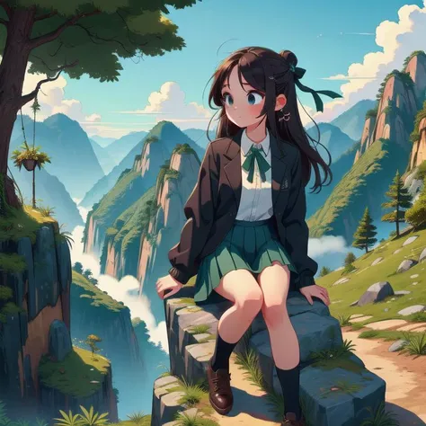 (masterpiece, best quality, detailed:1.5), 1girl, solo, green theme, <lora:Black_White_School_Dress_By_Stable_Yogi:0.8> school uniform, black jacket, long sleeves, collared shirt, white shirt, neck ribbon, grey skirt, black socks, footwear,  <lora:girllikeclimbmountain:0.8> climb mountain, hairpin, necklace, tree, cliff, hillside