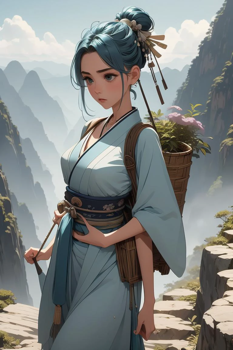 (masterpiece, best quality), 1girl, Cerulean Textured Quiff with Skin Fade, Sizes M to Z breasts, <lora:girllikeclimbmountain:1> climb mountain, herb on basket backpack, hairpin, necklace, hanfu, tree, cliff, hillside