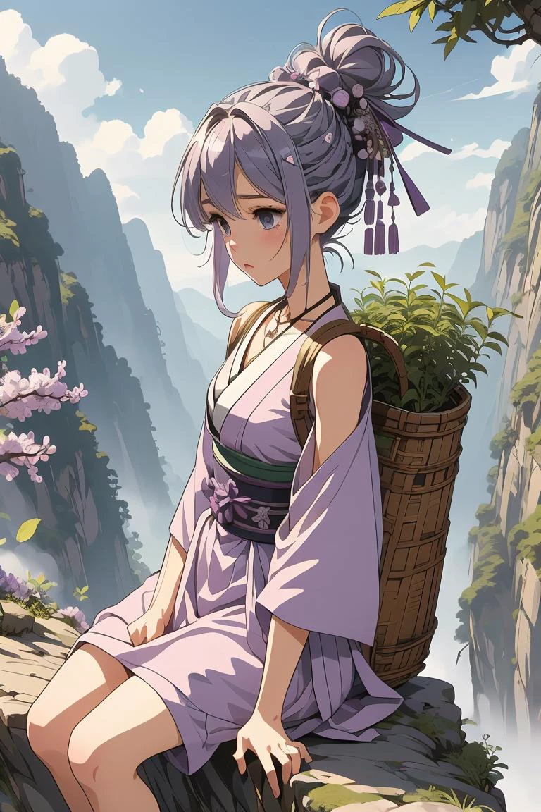 (masterpiece, best quality), 1girl, Lilac Gray Mohawk, small breasts, <lora:girllikeclimbmountain:1> climb mountain, herb on basket backpack, hairpin, necklace, hanfu, tree, cliff, hillside