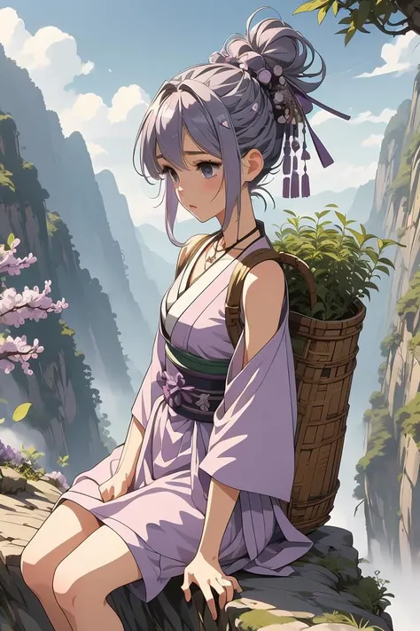 (masterpiece, best quality), 1girl, Lilac Gray Mohawk, small breasts,  <lora:girllikeclimbmountain:1> climb mountain, herb on basket backpack, hairpin, necklace, hanfu, tree, cliff, hillside