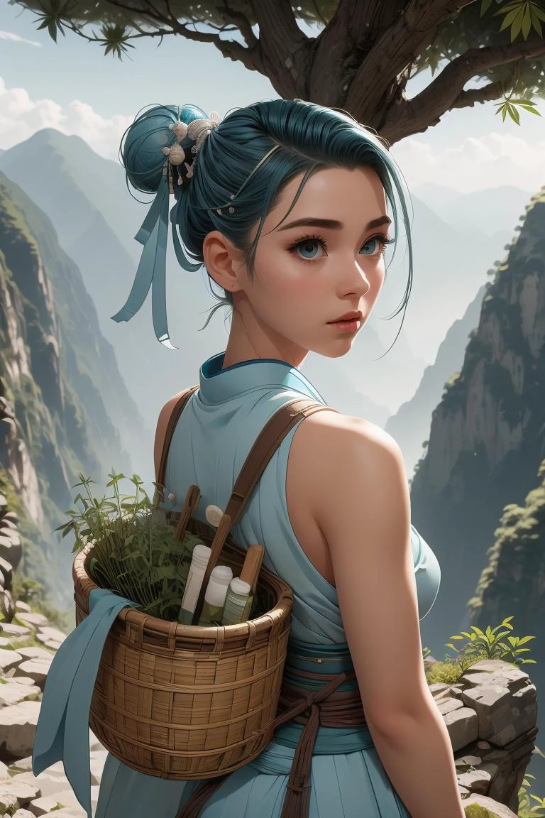 (masterpiece, best quality), 1girl, Cerulean Slicked-Back Undercut with Taper Fade, Size B breasts, <lora:girllikeclimbmountain:1> climb mountain, herb on basket backpack, hairpin, necklace, hanfu, tree, cliff, hillside