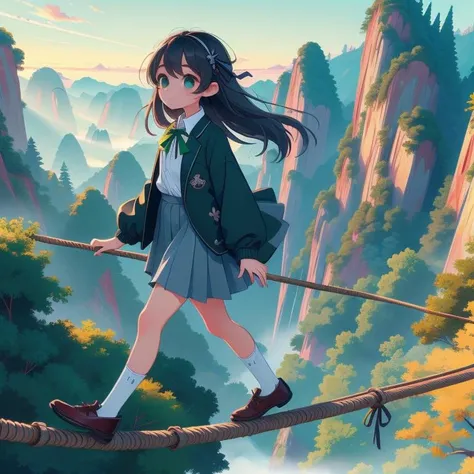 (masterpiece, best quality, detailed:1.5), (walking on tightrope from high sky:1.15), 1girl, solo, green theme, <lora:Black_White_School_Dress_By_Stable_Yogi:0.8> school uniform, black jacket, long sleeves, collared shirt, white shirt, neck ribbon, grey skirt, black socks, footwear, <lora:girlliketightrope:0.8>,