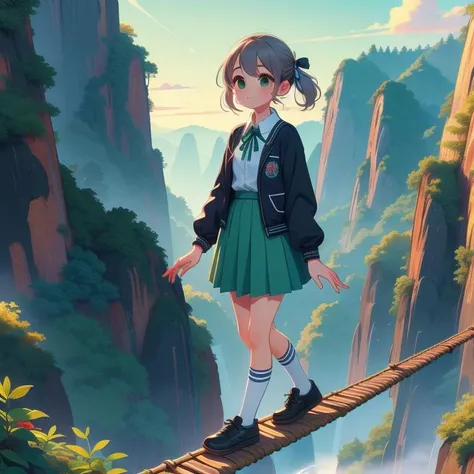 (masterpiece, best quality, detailed:1.5), standing on tightrope, 1girl, solo, green theme, <lora:Black_White_School_Dress_By_Stable_Yogi:0.8> school uniform, black jacket, long sleeves, collared shirt, white shirt, neck ribbon, grey skirt, black socks, footwear, <lora:girlliketightrope:1>, hairpin, necklace, cliff, hillside