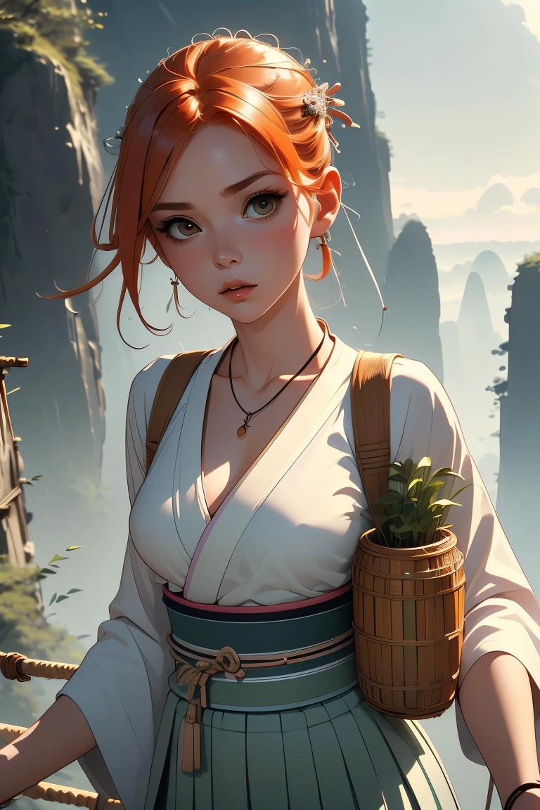 (masterpiece, best quality), 1girl, Ginger Spice Caesar Cut with Fade, Size D breasts, <lora:girlliketightrope:1> tightrope, herb on bamboo backpack, hairpin, necklace, hanfu, fog, cliff, mountain