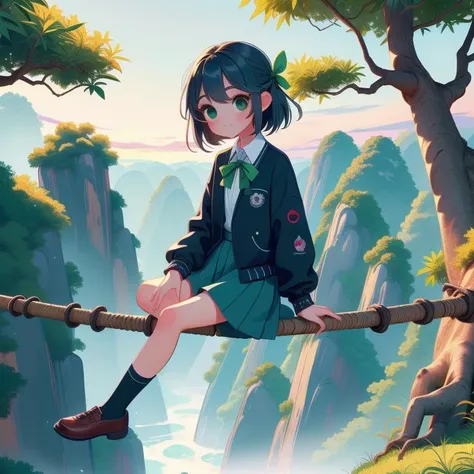 (masterpiece, best quality, detailed:1.5), sitting on tightrope, 1girl, solo, green theme, <lora:Black_White_School_Dress_By_Stable_Yogi:0.8> school uniform, black jacket, long sleeves, collared shirt, white shirt, neck ribbon, grey skirt, black socks, footwear, <lora:girlliketightrope:1>,