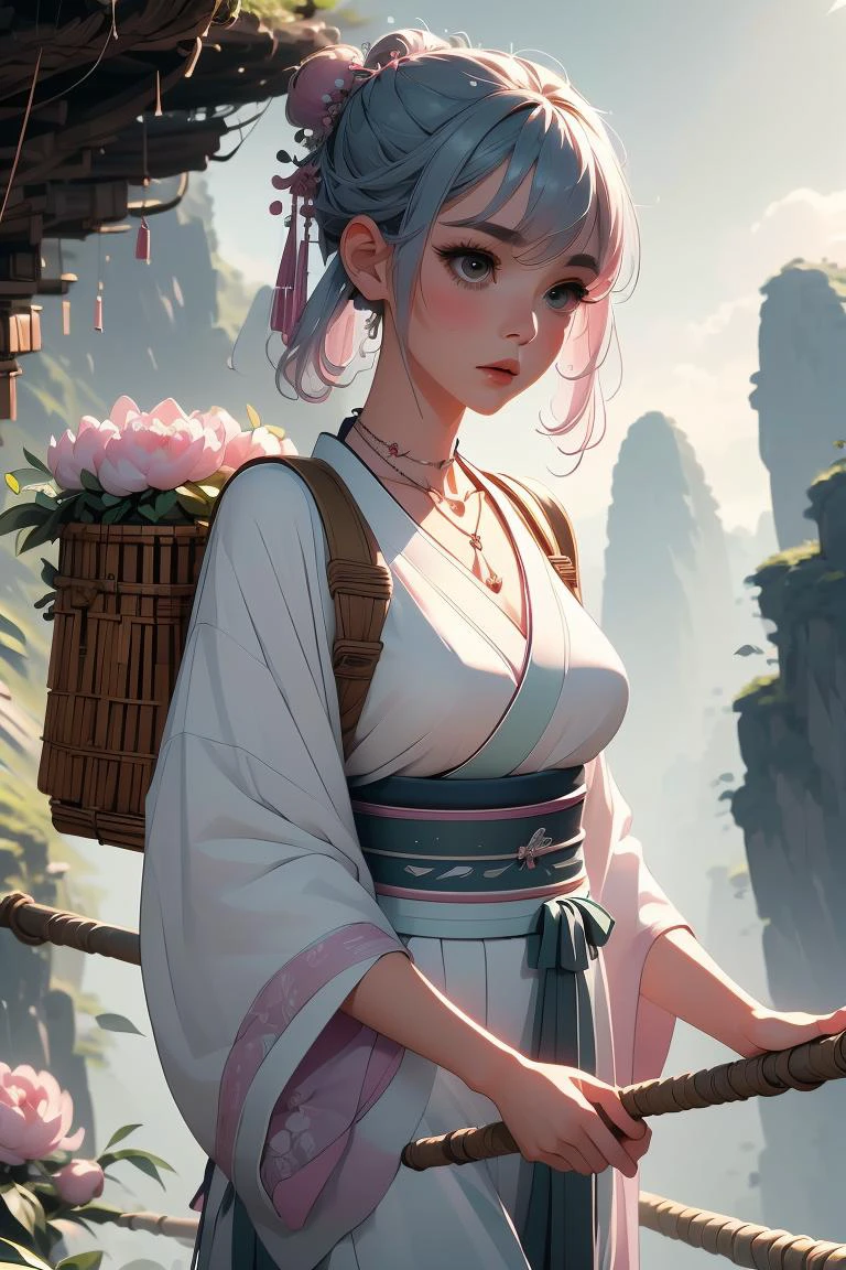 (masterpiece, best quality), 1girl, Peony Curly Top with Fade, Sizes I to L breasts, <lora:girlliketightrope:1> tightrope, herb on bamboo backpack, hairpin, necklace, hanfu, fog, cliff, mountain