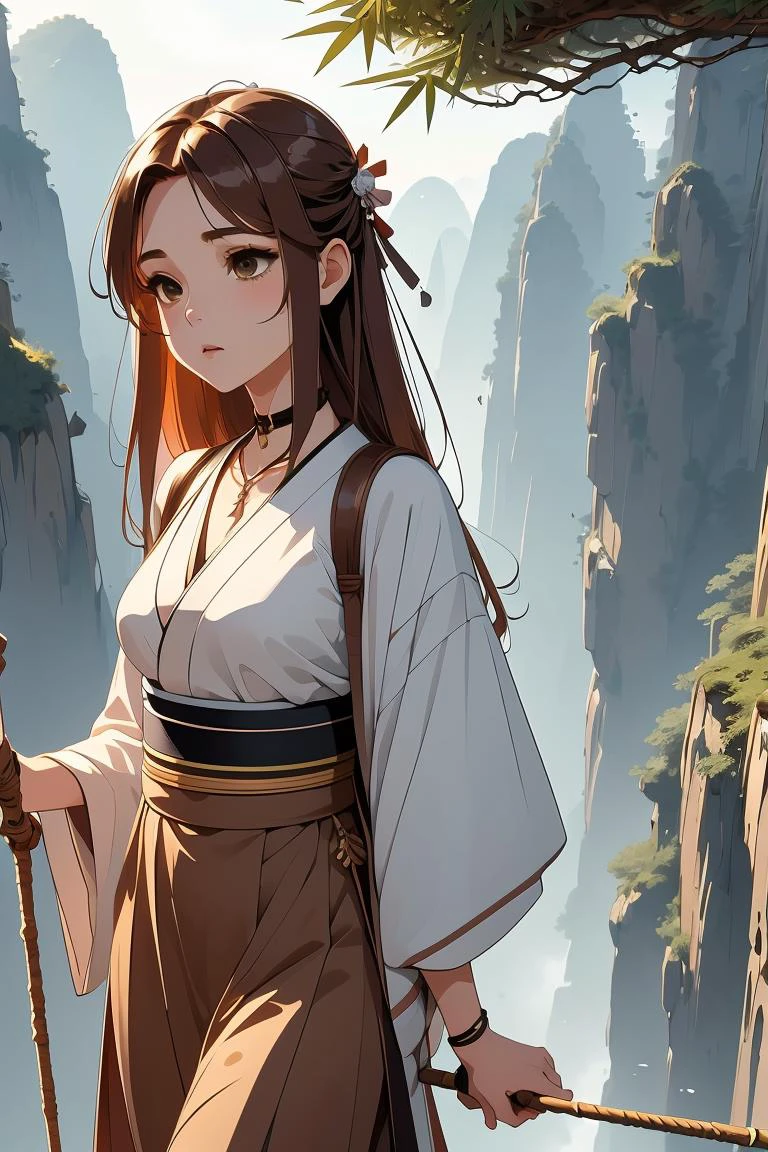 (masterpiece, best quality), 1girl, Copper Brown Sleek Straight Hair, Size E breasts, <lora:girlliketightrope:1> tightrope, herb on bamboo backpack, hairpin, necklace, hanfu, fog, cliff, mountain