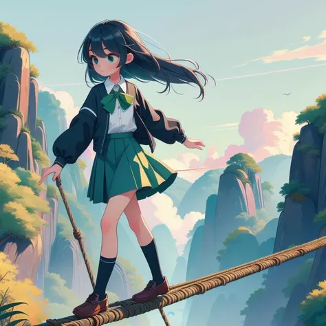 (masterpiece, best quality, detailed:1.5), full body, walking on tightrope, high sky, bend over, 1girl, solo, green theme, <lora:Black_White_School_Dress_By_Stable_Yogi:0.8> school uniform, black jacket, long sleeves, collared shirt, white shirt, neck ribbon, grey skirt, black socks, footwear, <lora:girlliketightrope:1>,