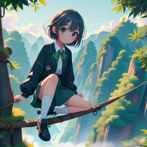(masterpiece, best quality, detailed:1.5), sitting on tightrope from high sky, 1girl, solo, green theme, <lora:Black_White_School_Dress_By_Stable_Yogi:0.8> school uniform, black jacket, long sleeves, collared shirt, white shirt, neck ribbon, grey skirt, black socks, footwear, <lora:girlliketightrope:1>,