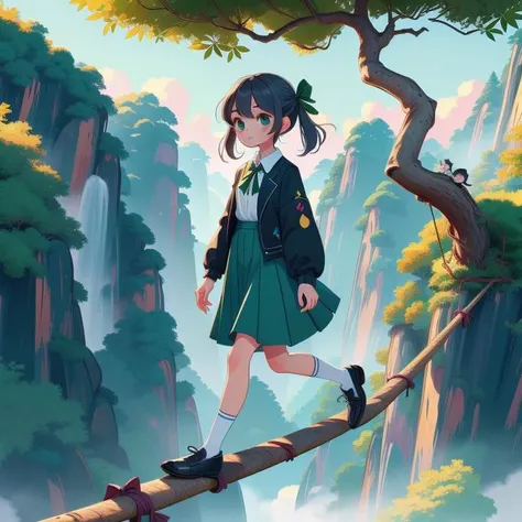 (masterpiece, best quality, detailed:1.5), walking on tightrope, 1girl, solo, green theme, <lora:Black_White_School_Dress_By_Stable_Yogi:0.8> school uniform, black jacket, long sleeves, collared shirt, white shirt, neck ribbon, grey skirt, black socks, footwear, <lora:girlliketightrope:0.9>, hairpin, necklace, tree, cliff, hillside