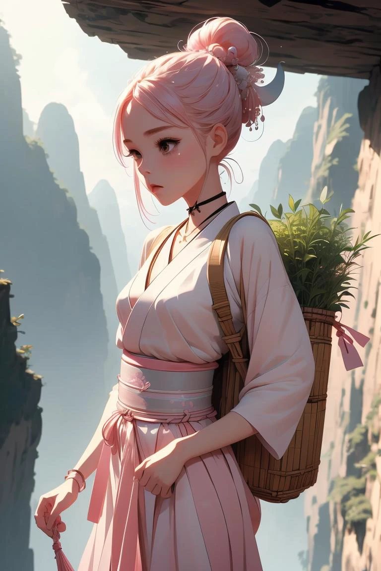 (masterpiece, best quality), 1girl, Peachy Pink High Bubble Ponytail with Hair Cuff, tiny breasts, <lora:girlliketightrope:1> tightrope, herb on bamboo backpack, hairpin, necklace, hanfu, fog, cliff, mountain