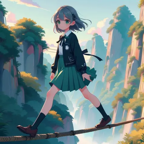 (masterpiece, best quality, detailed:1.5), (walking on tightrope from high sky:1.15), 1girl, solo, green theme, <lora:Black_White_School_Dress_By_Stable_Yogi:0.8> school uniform, black jacket, long sleeves, collared shirt, white shirt, neck ribbon, grey skirt, black socks, footwear, <lora:girlliketightrope:1>,