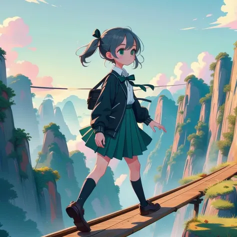 (masterpiece, best quality, detailed:1.5), walking on tightrope from high sky, 1girl, solo, green theme, <lora:Black_White_School_Dress_By_Stable_Yogi:0.8> school uniform, black jacket, long sleeves, collared shirt, white shirt, neck ribbon, grey skirt, black socks, footwear, <lora:girlliketightrope:0.85>,
