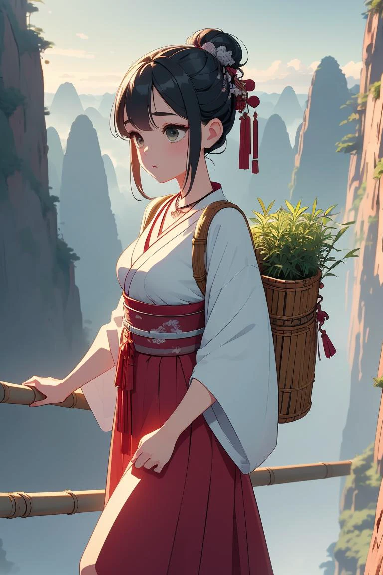 (masterpiece, best quality), 1girl, Crimson Pinned Back Curls, Size F breasts, <lora:girlliketightrope:1> tightrope, herb on bamboo backpack, hairpin, necklace, hanfu, fog, cliff, mountain