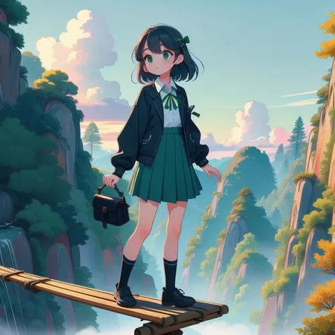 (masterpiece, best quality, detailed:1.5), standing on tightrope, high sky, 1girl, solo, green theme, <lora:Black_White_School_Dress_By_Stable_Yogi:0.8> school uniform, black jacket, long sleeves, collared shirt, white shirt, neck ribbon, grey skirt, black socks, footwear, <lora:girlliketightrope:1>, hairpin, necklace,