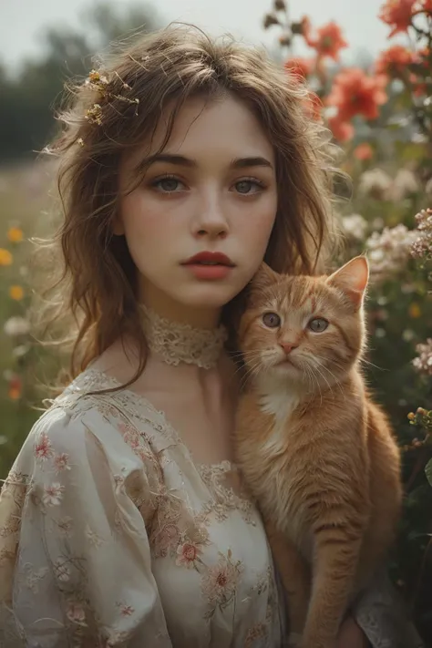 style of Bella Kotak,award winning,
<lora:Hyperrealism style:0.8>,Hyperrealism style,1girl and 1cat,<lora:SimplePositive_XL_v1_AutoRunMech:4>,looking_at_cat,adult,long hair,light brown hair,wavy hair,messy hair,side_blunt_bangs,grey eyes,half-closed eyes,lipstick,outdoors,intense shadows,flowers meadows,full_shot,light leaks,available light,realistic,photo_(medium),reality,depth_of_field,landscape,<lora:HandFineTuning_XL:0.65>,huge filesize,magazine scan,original,((art nouveau)),<lora:MJ52:0.8>,