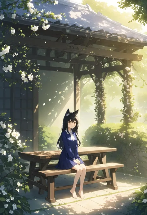 (key visual, official illustration, detailed, highres, 4k), barefoot fox girl sitting on wooden bench next to round table in sun bathed garden under the roof of gazebo. outdoors, nature, (fox ears:1.1), black fox (tail:1.2) with white tip, white animal ear fluff, black hair, long hair, (brown eyes:1.2), hair between eyes, sidelocks, pleated dress, short dress, long sleeves, dark blue dress, white shirt, collared shirt, head tilt, sad, short over long sleeves, flowers, building, light smile, mysterious atmosphere, under roof, vines, truss, dappled sunlight, tree, cherry blossoms, romantic, shadow, shaded <lora:SimplePositive_XL_v1:2>
