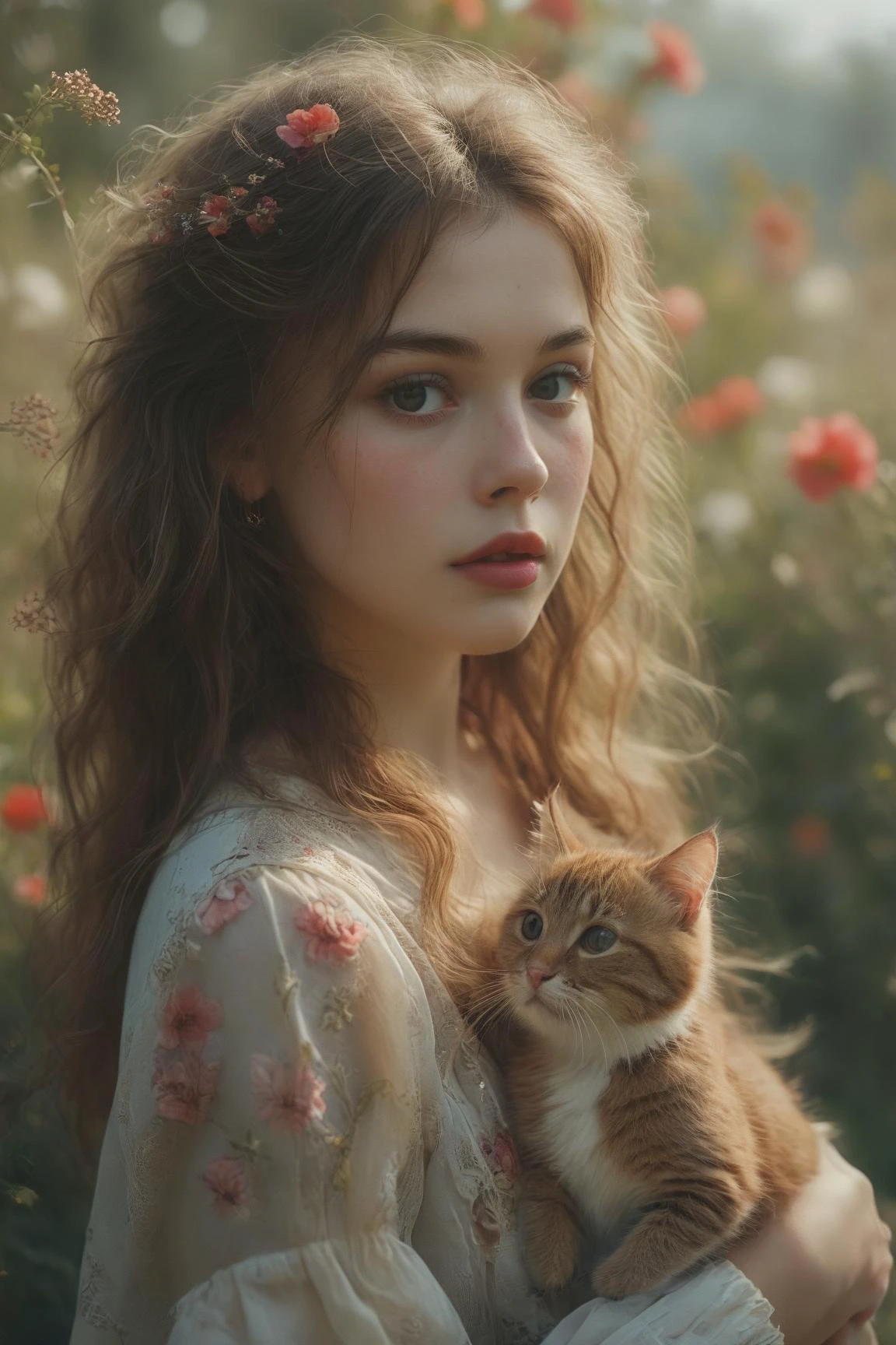 <lora:Hyperrealism style:0.8>,Hyperrealism style,1girl and 1cat,<lora:SimplePositive_XL_v1_AutoRunMech:4>,adult,long hair,light brown hair,wavy hair,messy hair,side_blunt_bangs,lipstick,outdoors,intense shadows,flowers meadows,light leaks,available light,realistic,photo_(medium),reality,depth_of_field,huge filesize,magazine scan,original,<lora:HandFineTuning_XL:0.8>,<lora:MJ52:0.8>,