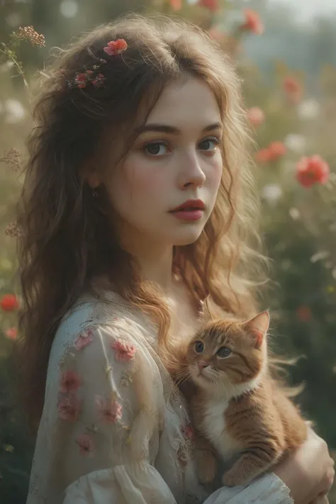 <lora:Hyperrealism style:0.8>,Hyperrealism style,1girl and 1cat,<lora:SimplePositive_XL_v1_AutoRunMech:4>,adult,long hair,light brown hair,wavy hair,messy hair,side_blunt_bangs,lipstick,outdoors,intense shadows,flowers meadows,light leaks,available light,realistic,photo_(medium),reality,depth_of_field,huge filesize,magazine scan,original,<lora:HandFineTuning_XL:0.8>,<lora:MJ52:0.8>,