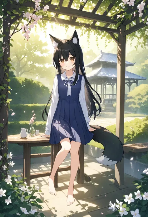 (key visual, official illustration, detailed, highres, 4k), barefoot fox girl sitting on wooden bench next to round table in sun bathed garden under the roof of gazebo. outdoors, nature, (fox ears:1.1), black fox (tail:1.2) with white tip, white animal ear fluff, black hair, long hair, (brown eyes:1.2), hair between eyes, sidelocks, pleated dress, short dress, long sleeves, dark blue dress, white shirt, collared shirt, head tilt, sad, short over long sleeves, flowers, building, light smile, mysterious atmosphere, under roof, vines, truss, dappled sunlight, tree, cherry blossoms, romantic, shadow, shaded <lora:SimplePositive_XL_v1:2>