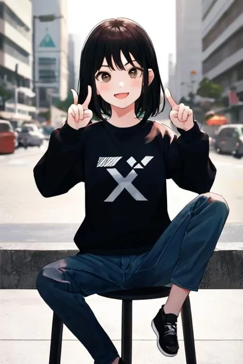 1girl, sitting, making a thumbs up with the left hand, making peace sign with right hand, <lora:Simplenegative_v1_AutoRunMech:1>