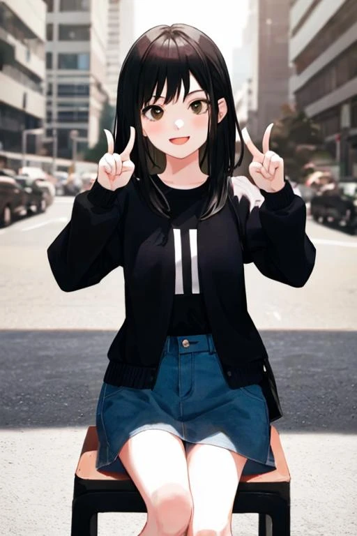 1girl, sitting, making a thumbs up with the left hand, making peace sign with right hand, <lora:Simplenegative_v1_AutoRunMech:3>