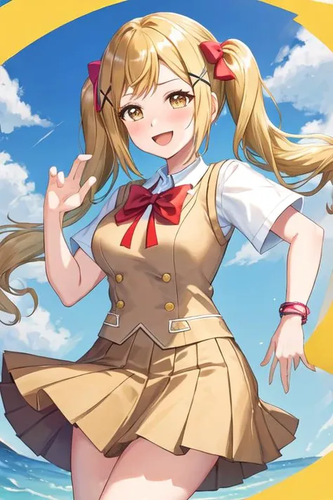 best quality, masterpiece, highres, solo, {ichigaya_arisa_bangdream:1.15}, blonde_hair, long_hair, bangs, hair_ornament, blush, twintails, x_hair_ornament, yellow_eyes, sidelocks, open_mouth, brown_eyes, smile, breasts, 1girl, armband, looking_at_viewer, ribbon, school_uniform, shirt, short_sleeves, sweater_vest, bow, collared_shirt, white_shirt, safety_pin, skirt, tokiwadai_school_uniform, cosplay, hair_bow, pleated_skirt, red_ribbon, :d