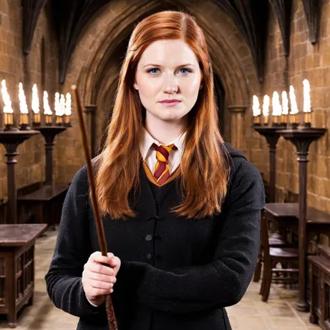 a photo of ginny weasley, ohwx woman, holding a wand, Harry Potter, in Hogwarts <lora:bonniewright_SDXL:0.8>