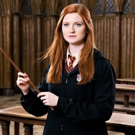 a photo of ginny weasley, ohwx woman, holding a wand, Harry Potter, in Hogwarts <lora:bonniewright_SDXL:0.8>