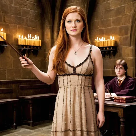 a photo of ginny weasley, ohwx woman, holding a wand, Harry Potter, in Hogwarts, nightgown <lora:bonniewright_SDXL:0.8>