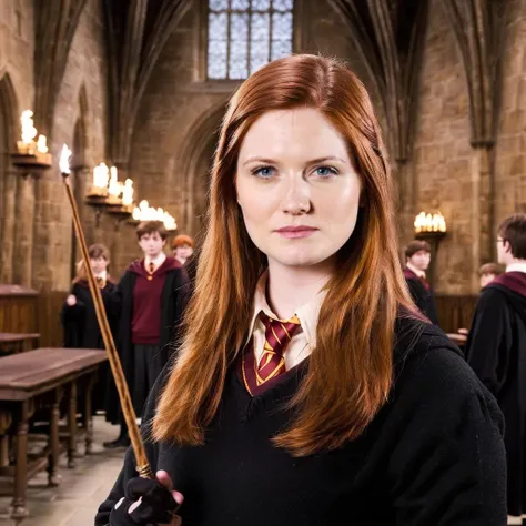 a photo of ginny weasley, ohwx woman, holding a wand, Harry Potter, in Hogwarts <lora:bonniewright_SDXL:0.8>
