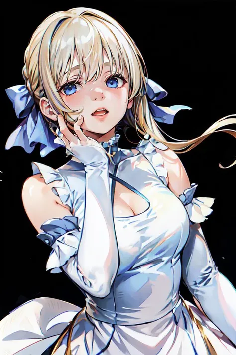 ultra detailed, masterpiece, best quality,
1girl, blue eyes, very long hair, blonde hair, long blonde hair, french braid, bangs, medium breasts,
hair ribbon, frilled choker, criss-cross halter, sleeveless dress, high-waist skirt, backless dress, waist bow, detached sleeves, frilled sleeves, wide sleeves, pantyhose, patterned legwear, mary janes,  <lora:Marushin-Style-v1.1:1> <lora:okawaii koto pose by Goofy Ai:0.85> okawaiikoto pose, hand up, parted lips, empty eyes, looking down, portrait, looking at viewer, open mouth, upper body, hand on own face, hand on own cheek,