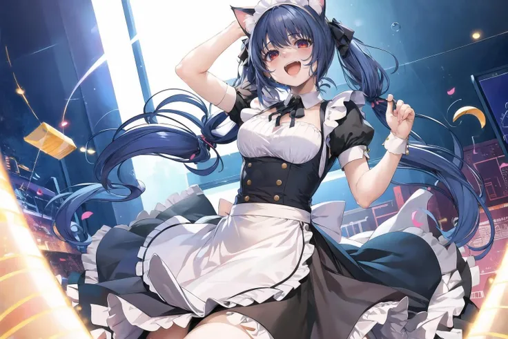 masterpiece, 1girl, cat ears, cat tail, cat girl, maid dress, maid apron, maid tiara, jumping, happy, blue hair, red eyes, hands up, long hair, absurdly long hair, twintails <lora:Marushin-Style-resumed-000090:1>