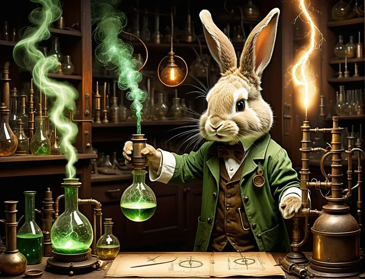 alchemy, ((a cute boy bunny scientist)) , antiqued illustration depicts an alchemist's laboratory, filled with scientific equipment steampunk, sparks,smoke, (massive) Tesla coil,green forked lightning, glowing flasks experimentation:1.6, faded illustration:1.2, intricate apparatus:1.1, vessels:1.1, Chiaroscuro:1.4 <lora:add-detail-xl:1>