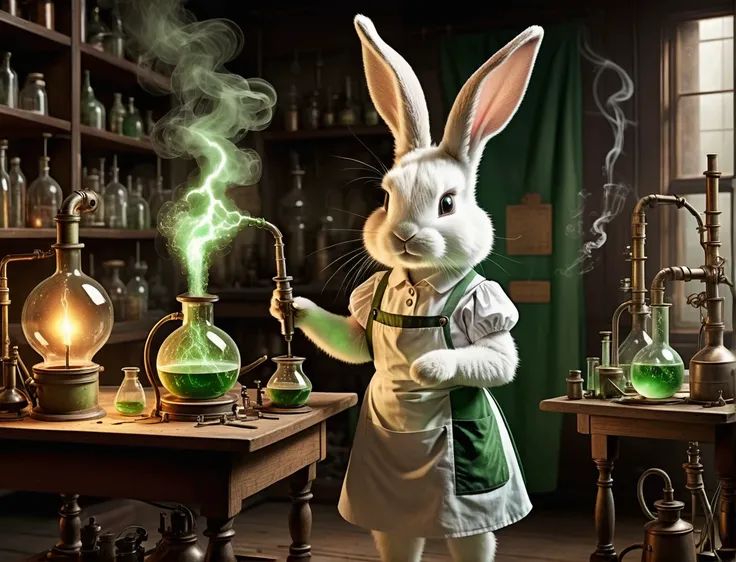 alchemy, ((a cute girl bunny scientist)) wearing a white dress and a green lab apron, antiqued illustration depicts an alchemist's laboratory, filled with scientific equipment steampunk, smoke, ((green lightning)), large tesla coil, steaming glowing vat experimentation:1.6, faded illustration:1.2, intricate apparatus:1.1, vessels:1.1, dark room <lora:add-detail-xl:1>