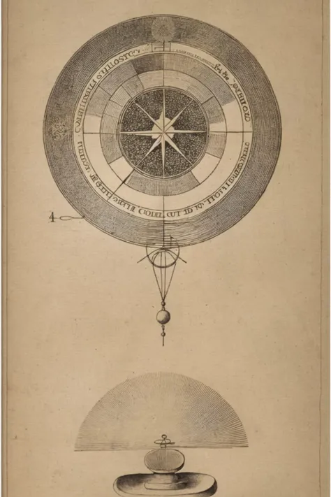 a drawing of a sundial with a compass in the middle , alchemy , esoteric art