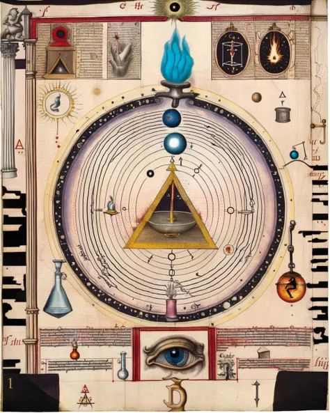 The alchemical manuscript page showcases a depiction of the philosopher's stone being forged in a celestial crucible, combining alchemical principles with cosmic symbolism and ancient technology:1.4, alchemical manuscript page:1.2, depiction of philosopher's stone:1.2, forged in celestial crucible:1.1, alchemical principles:1.1, cosmic symbolism:1.1, ancient technology:1.1. , alchemy:2<lora:Alchemy_sdxl:1.0>