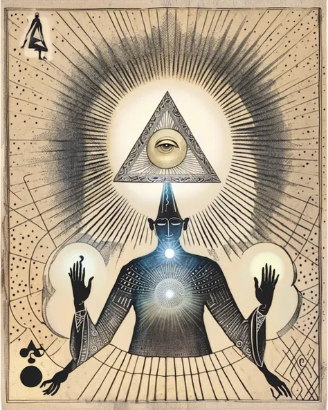 A man with a strange, elongated head holds a luminous triangle in his hands, its center radiating an intense light that pierces the darkness. Behind him, a circular background glows with intricate patterns, evoking ancient symbols of power and mystery: man with strange head:1.4, luminous triangle:1.3, circular background:1.2, intricate patterns:1.1, ancient symbols:1.1, power and mystery:1.1. , alchemy:2<lora:Alchemy_sdxl:1.0>