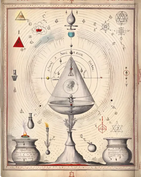 An illustration of the alchemical vessel is featured prominently on the page, signifying the containment and transformation of the prima materia, mirroring the Gnostic soul's journey to enlightenment:1.5, illustration of alchemical vessel:1.2, alchemical page:1.2, containment and transformation:1.1, prima materia:1.1, Gnostic soul's journey:1.1, enlightenment:1.1. , alchemy:2<lora:Alchemy_sdxl:1.0>