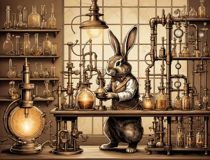 alchemy, ((a cute boy bunny scientist)) , antiqued illustration depicts an alchemist's laboratory, filled with scientific equipment steampunk, tesla coil,glowing flasks experimentation:1.6, faded illustration:1.2, intricate apparatus:1.1, vessels:1.1, <lora:add-detail-xl:1>