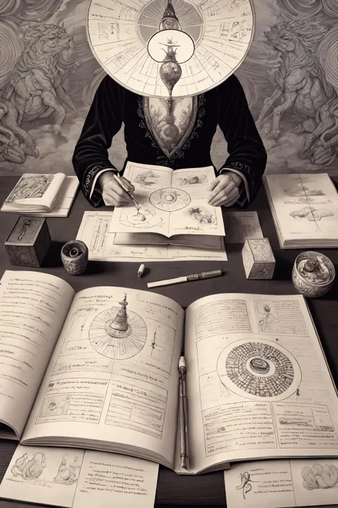 fortune telling, drawn images of strange trinkets and written explanations and beautiful calligraphy, encyclopedia style engraving, high quality masterpiece, highly detailed, inctricate <lora:Alchemy:1>