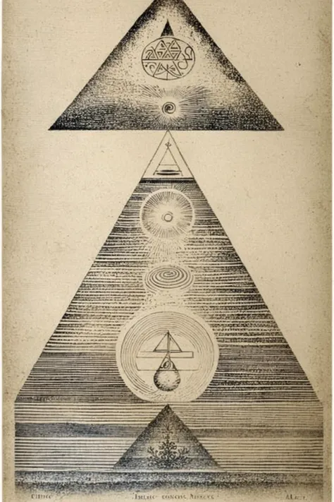a drawing of a man with a pyramid on his head , alchemy , esoteric art