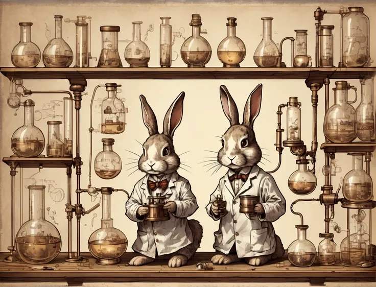 alchemy, ((a cute boy bunny scientist)) , antiqued illustration depicts an alchemist's laboratory, filled with scientific equipment steampunk, glowing flasks experimentation:1.6, faded illustration:1.2, intricate apparatus:1.1, vessels:1.1, <lora:add-detail-xl:1>