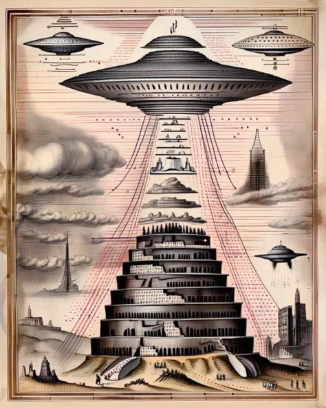 A compelling drawing depicts the Tower of Babel surmounted by a flying saucer, creating a thought-provoking fusion of ancient myth and futuristic technology:1.4, compelling drawing:1.2, Tower of Babel:1.2, flying saucer:1.1, fusion of myth and technology:1.1, thought-provoking:1.1. , alchemy:2<lora:Alchemy_sdxl:1.0>