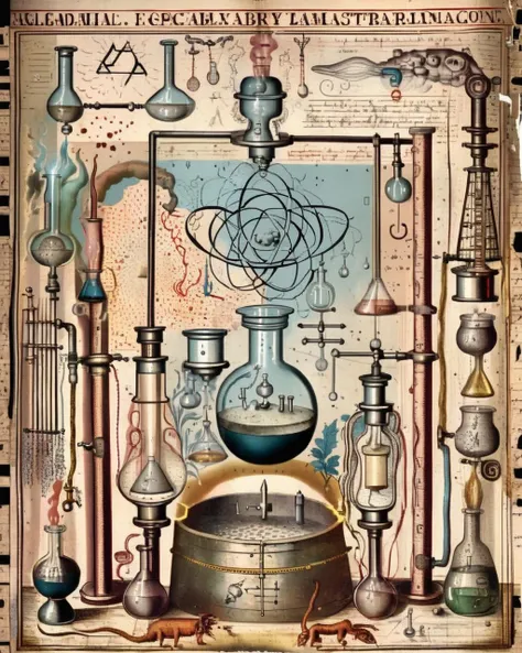 A faded illustration depicts an alchemist's laboratory, filled with intricate apparatus and vessels, conveying the meticulous nature of alchemical experimentation:1.6, faded illustration:1.2, alchemist's laboratory:1.2, intricate apparatus:1.1, vessels:1.1, meticulous nature:1.1, alchemical experimentation:1.1. , alchemy:2<lora:Alchemy_sdxl:1.0>