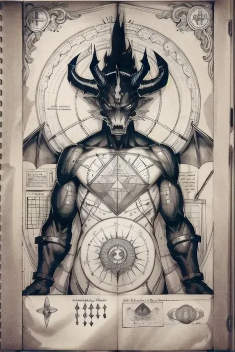 <lora:Alchemy:0.9>  
drawing of a demon,  
monochrome, traditional media, manuscript, text, diagrams